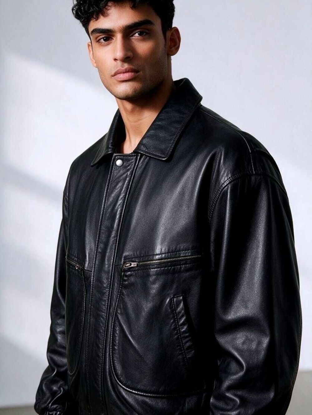 CONTEXT Mens (L/T) Vintage 90s Black Genuine Leather Bomber Aviator Moto Jacket